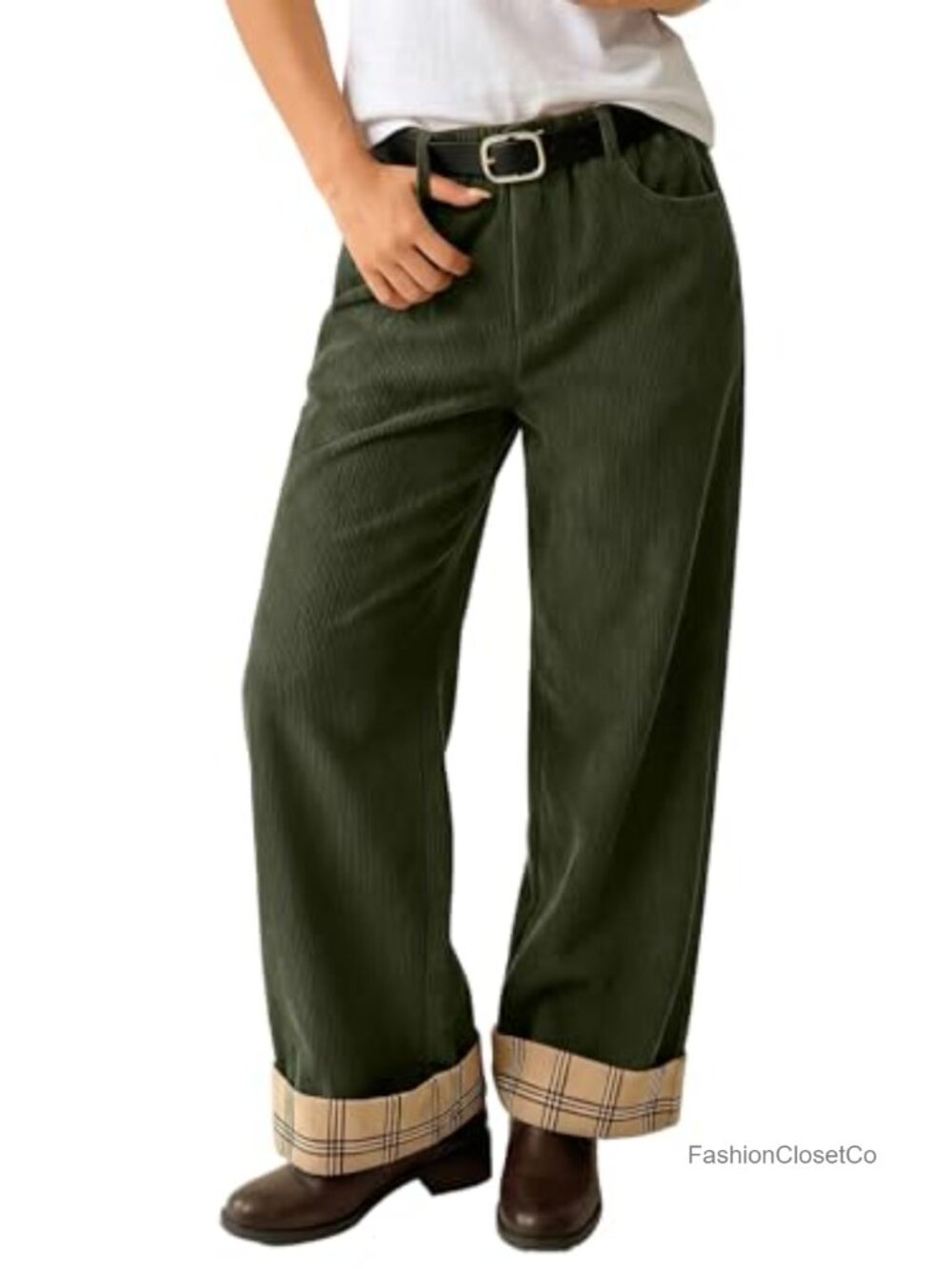 Women's Corduroy Wide Leg Pants with Pockets High Rise Elastic Waist Fall Casual